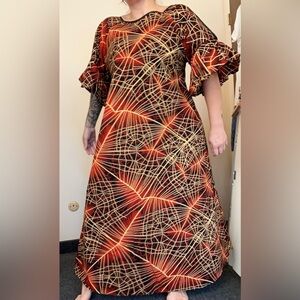 Vtg 60s Psychedelic Evening Maxi Tunic ruffle sleeve lightning burst L/XL